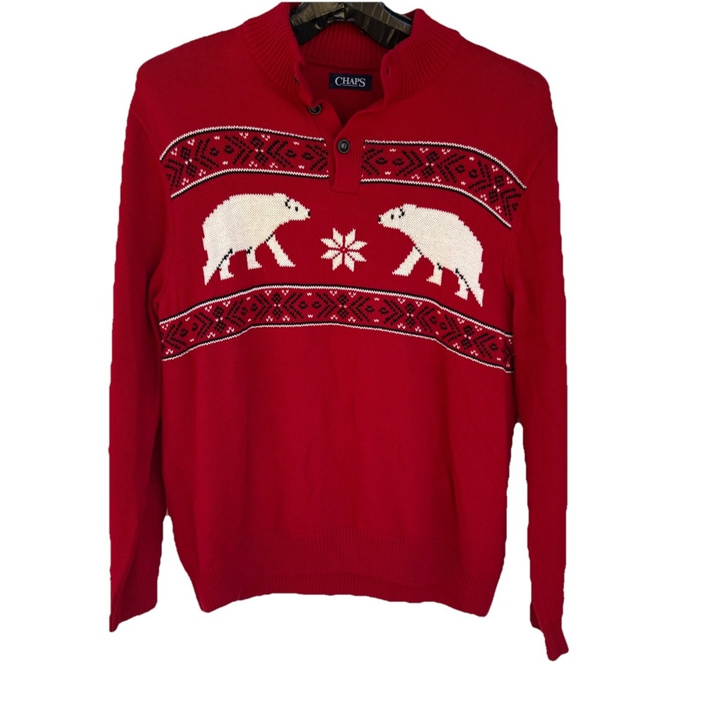 Chaps Red White Winter Polar‎ Bears Mock Neck Knitted Sweater Size XL Men's